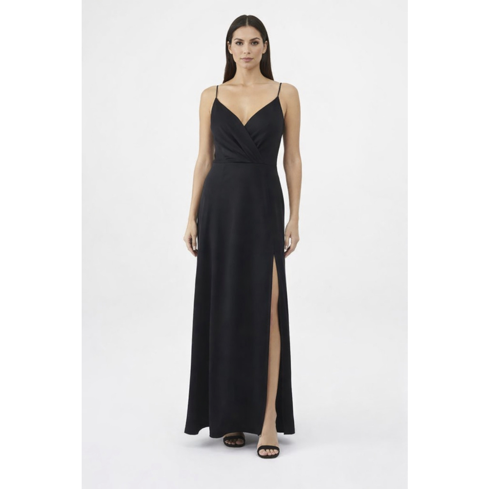 Azazie Black Bridesmaid Dress A6 Floor Length Slit Formal Gown Pockets - Picture 2 of 12